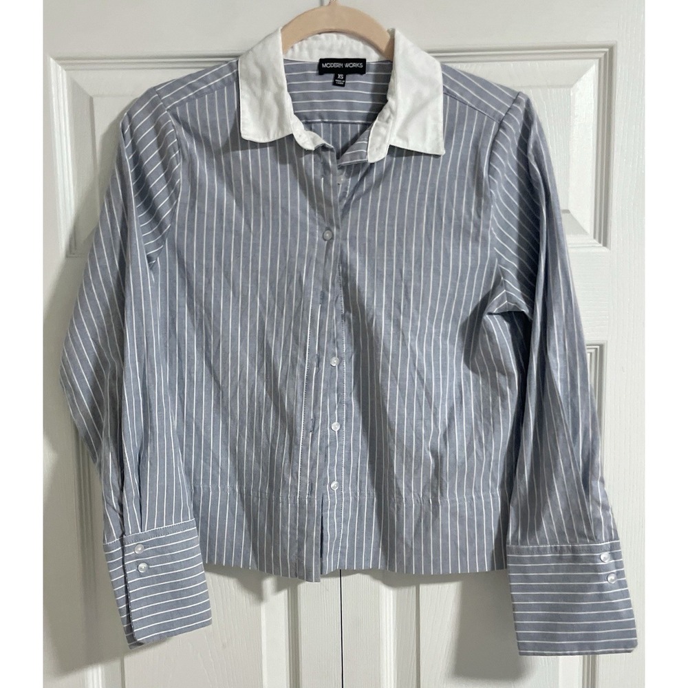 Modern Works blue & white striped button Cropped Dress shirt Business Women XS